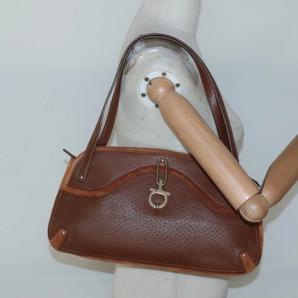 Salvatore Ferragamo Gancini Shoulder Bag Suede Brown Gold Auth - Picture 1 of 16